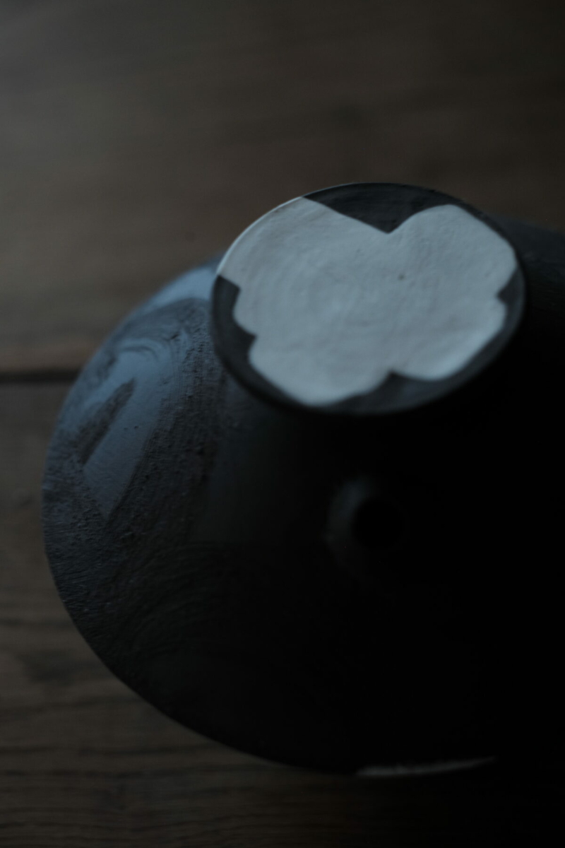 Vessel from the series ‘what about us’. Black porcelain. Painted and scratched. Stamped and signed. One of a kind. 2024.